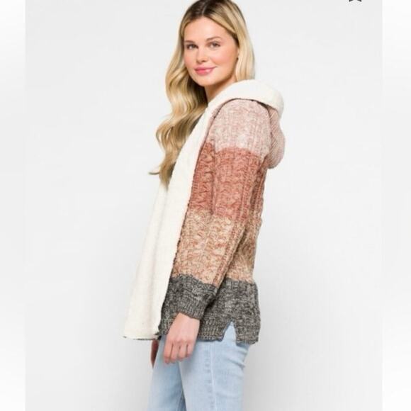 LETY&ME NWT Hooded, Open Front, Sherpa Lined, Cardigan Sweater Jacket Size Med - Picture 3 of 10
